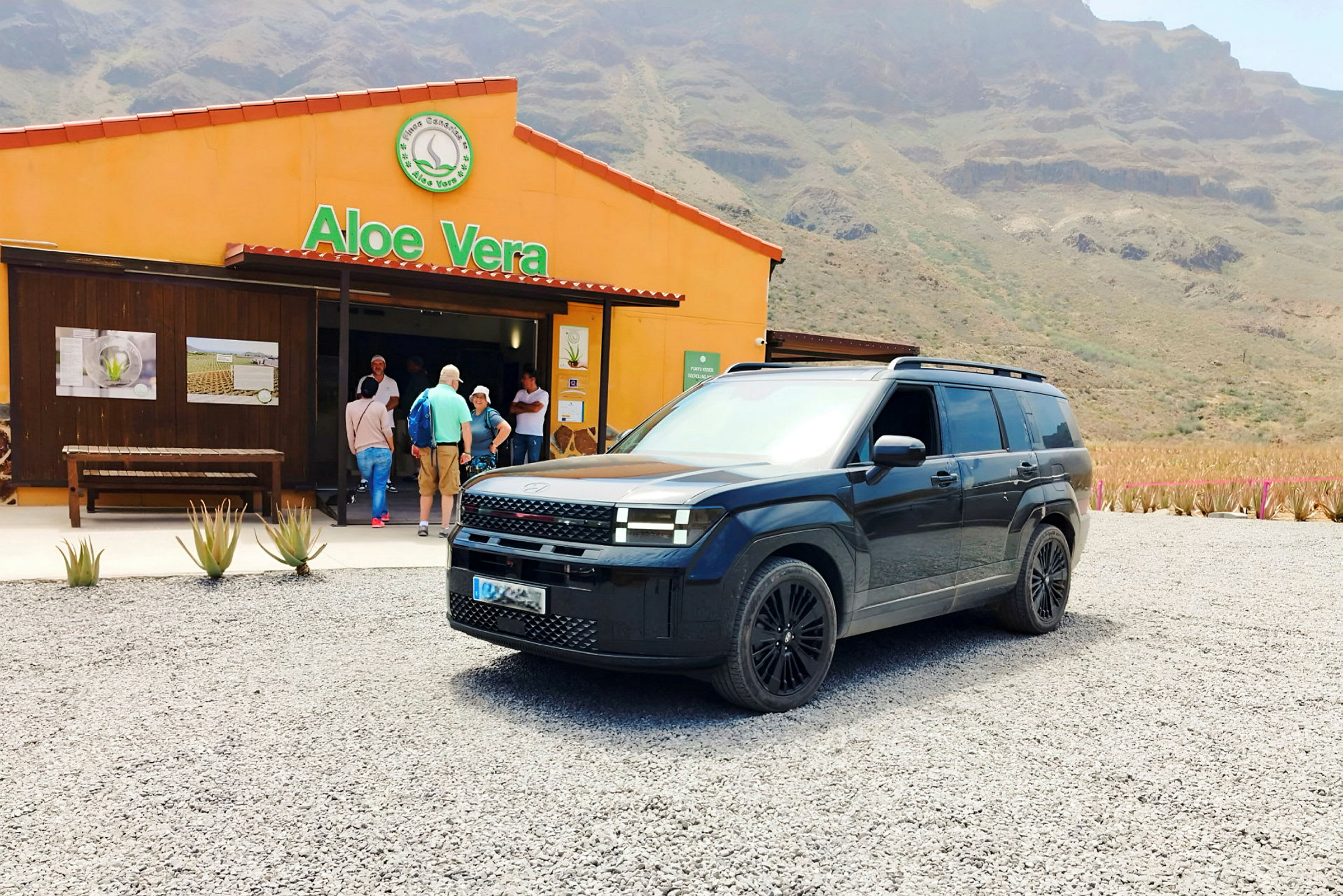 En svart SUV står parkerad framför en byggnad med skylten 'Aloe Vera'. (AI-genererad text)