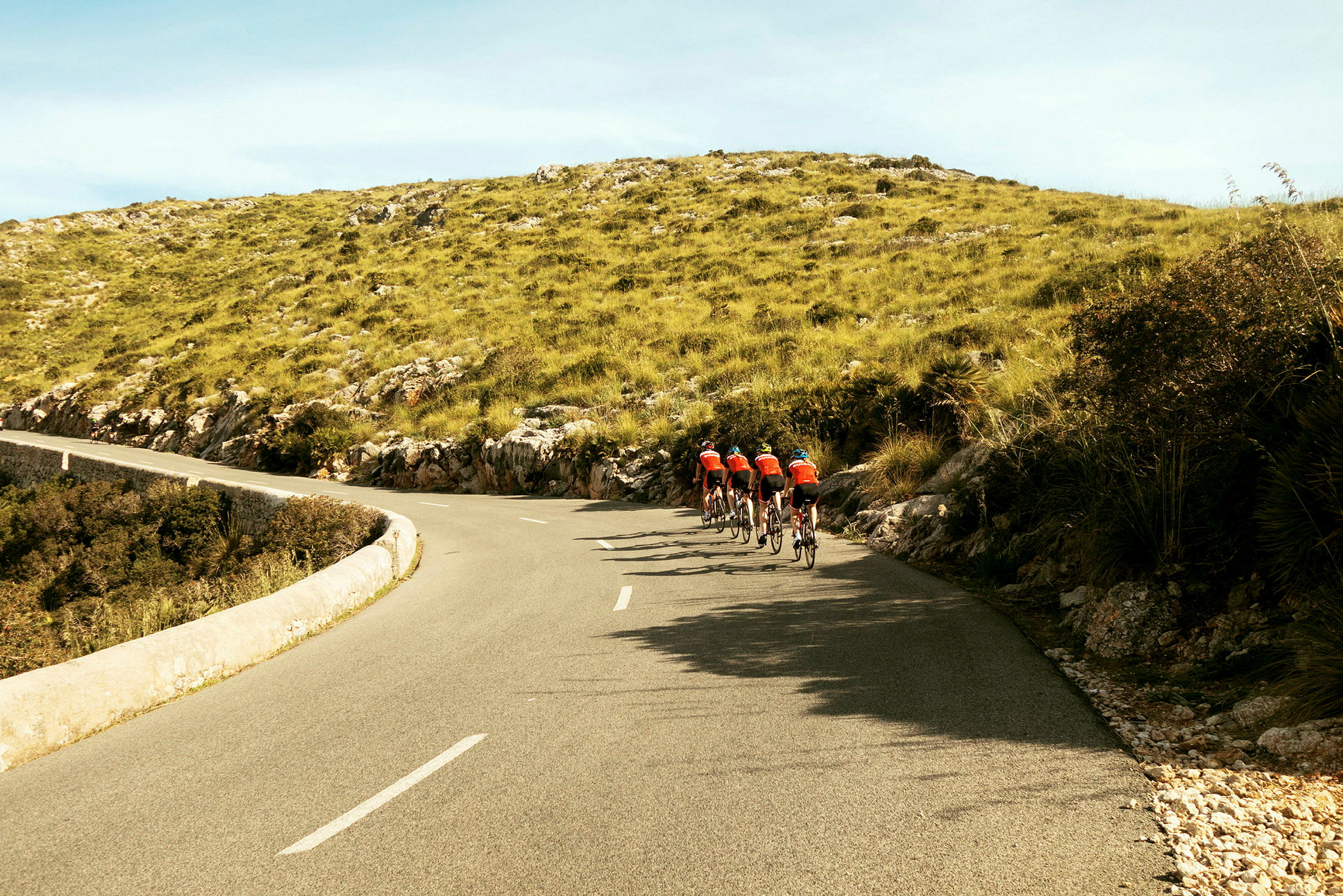 Cykelgrupp på asfaltväg genom landskap med grön vegetation och kullar. (AI-genererad text)